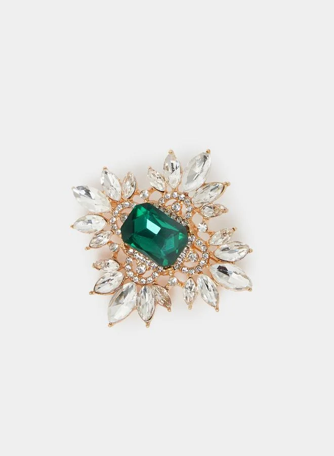 Styli Gold-Tone Emerald and Crystal Brooch